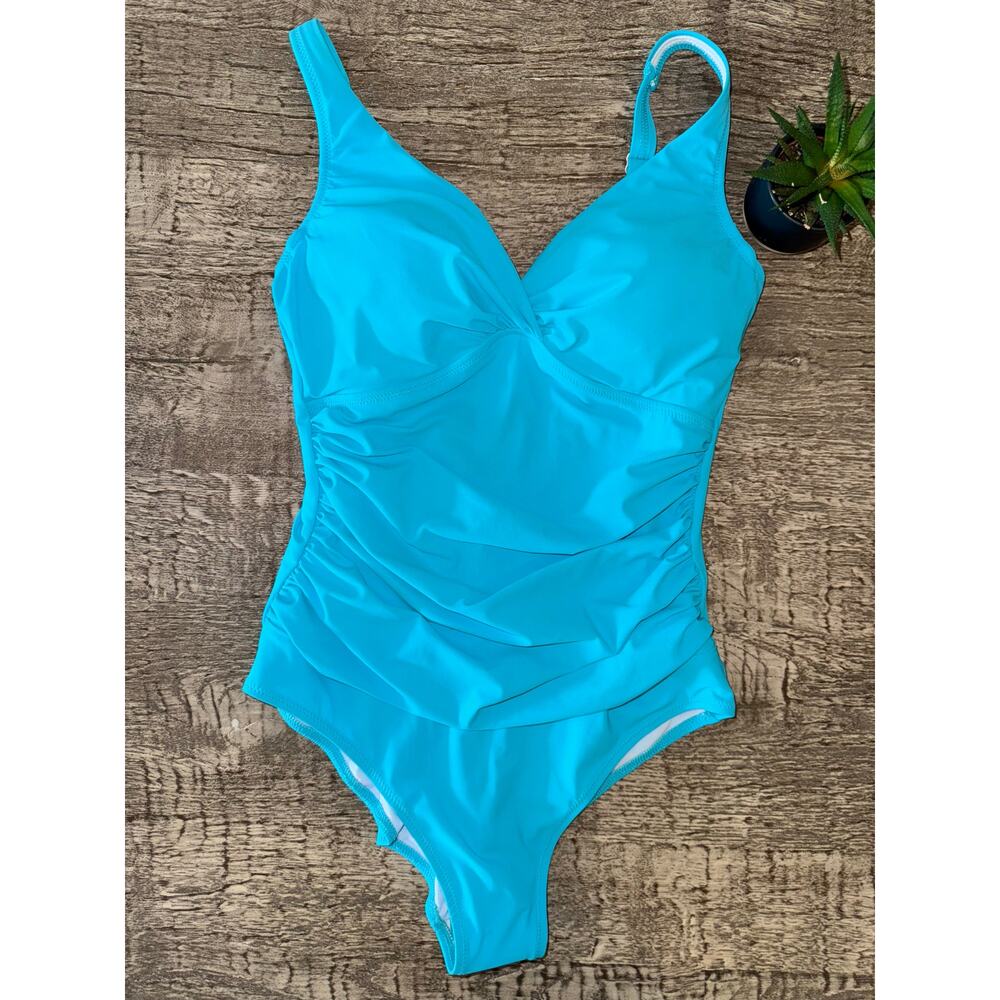 Gottex Aqua Blue One Piece Swimsuit‎ Size 6 – Ruched Shaping Fit, Retro 90s Vibe